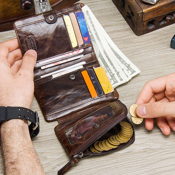 Men Genuine Leather Tri-fold Short Wallet Retro Wallet
