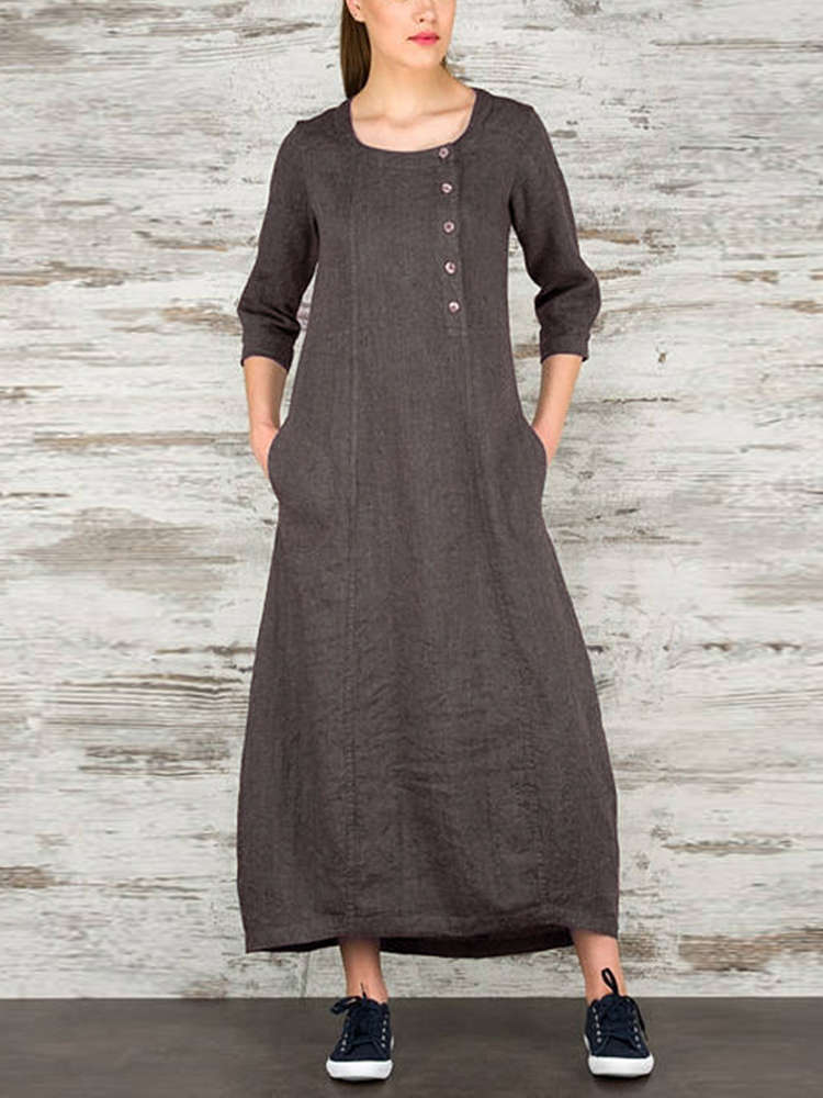 Plus Size Work Pure Color Crew Neck Three Quarter Sleeve Maxi Dress