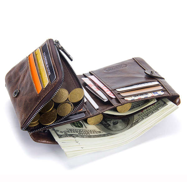 Men Genuine Leather Tri-fold Short Wallet Retro Wallet