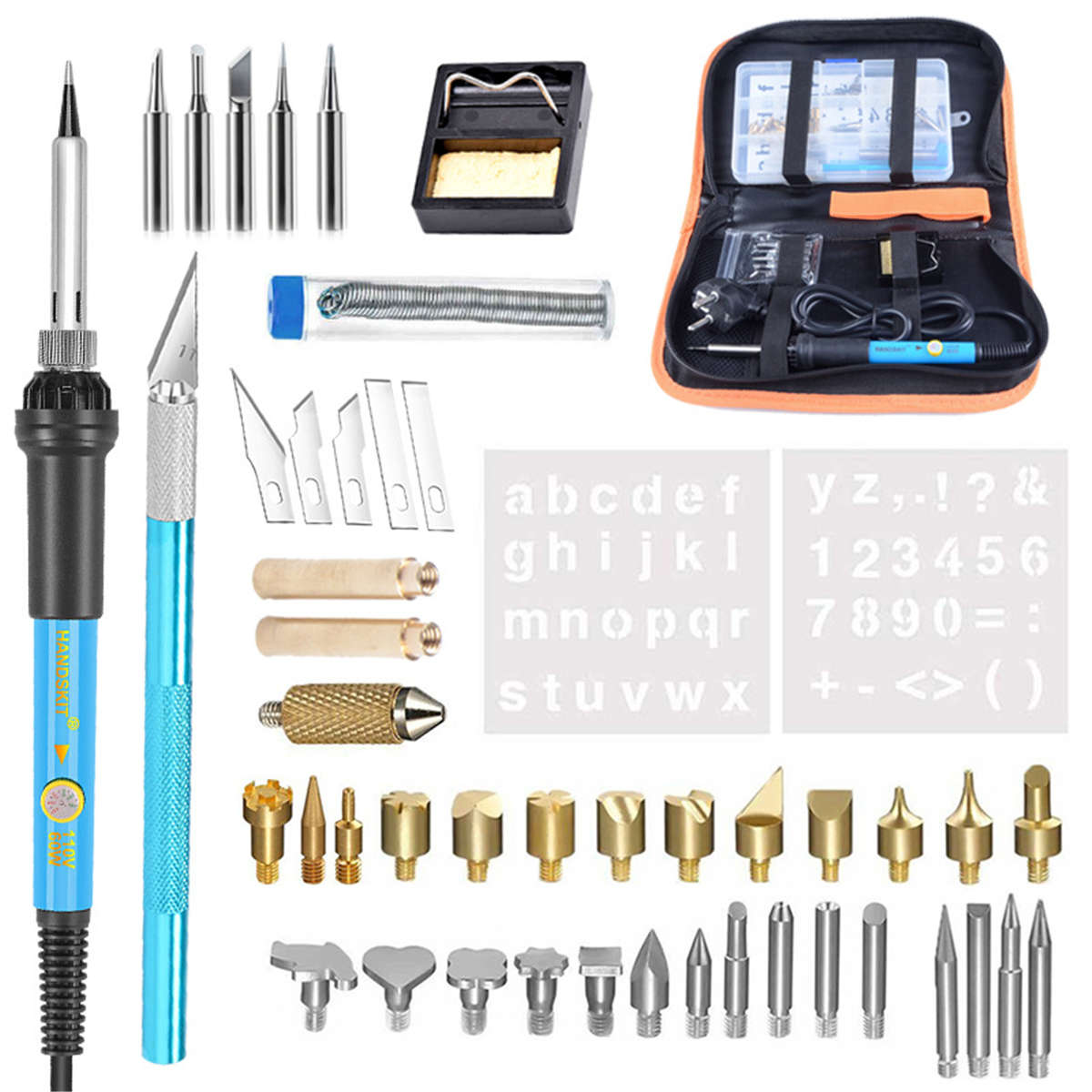 48Pcs 60W 110V/220V Adjustable Temperature Solder Iron Tool Kit Carving Pyrography