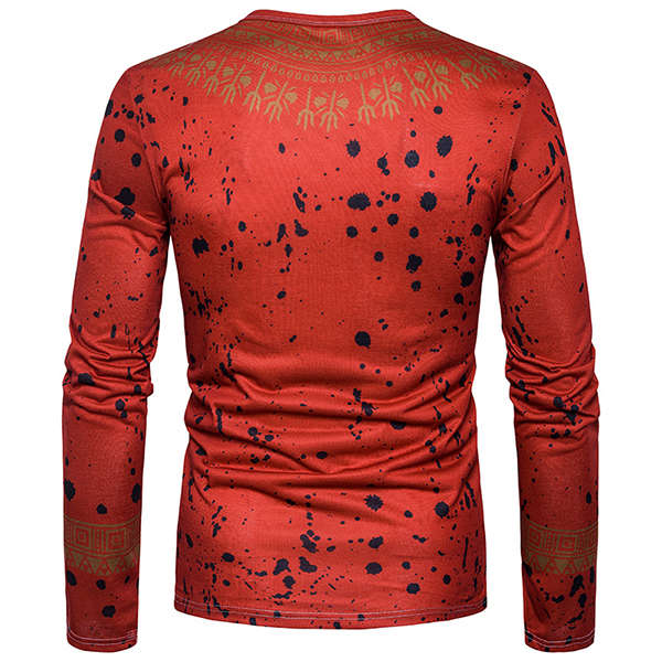 Men's Fashion Folk Style 3D Floral Printed Long Sleeved T-shirt Casual Round Neck Tops Tees