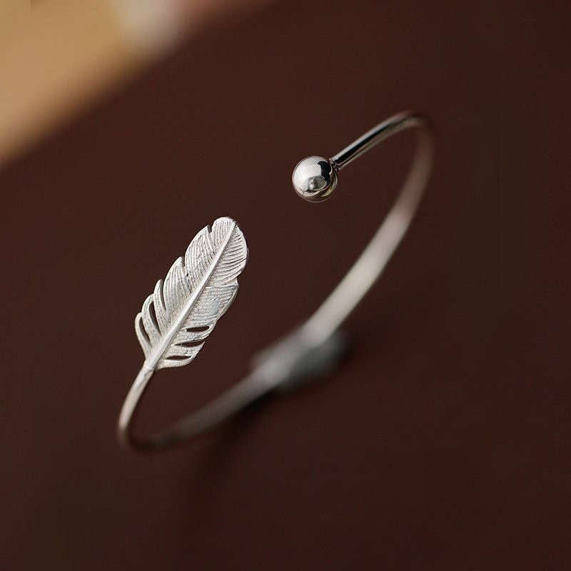 Elegant 925 Sterling Silver Cuff Bracelets Trendy Feather Adjustable Bracelet Jewelry for Women -