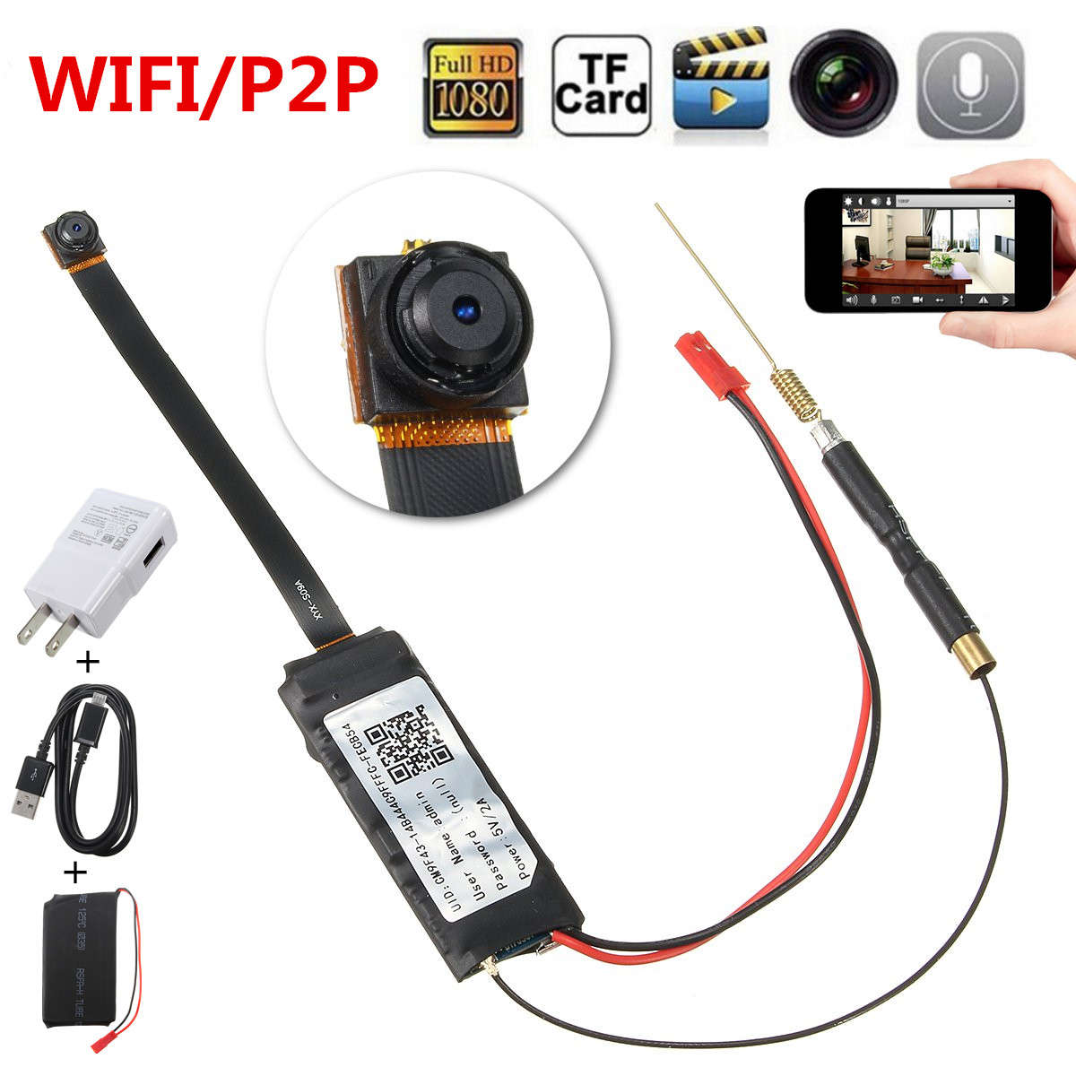 FHD 1080P Wireless WiFi IP Hidden Camera DIY Module Mini DV Motion Nanny Cam - 0.14kg