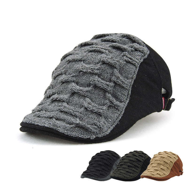 Unisex Acrylic Knitted Beret Hat Buckle Paper Boy Weaving Cabbie Gentleman Visor Cap For Men Women