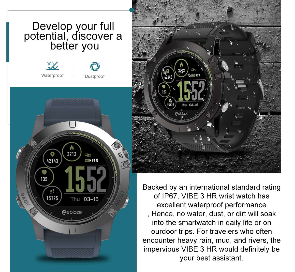 Zeblaze VIBE 3 HR Rugged Inside Out HR Monitor 3D UI All-day Activity Record 1.22' IPS Smart Watch