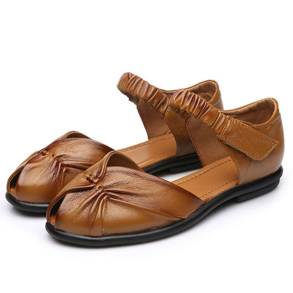 SOCOFY Leather Fish Mouth Elastic Slip On Casual Flat Shoes