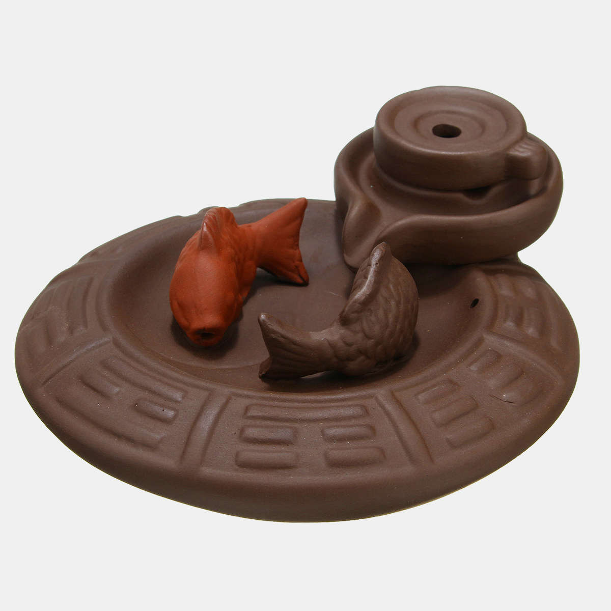 Purple Clay Backflow Incense Cone Burner Stick Holder Water Pond 2 Fish Smoke Back Flow Home Decor
