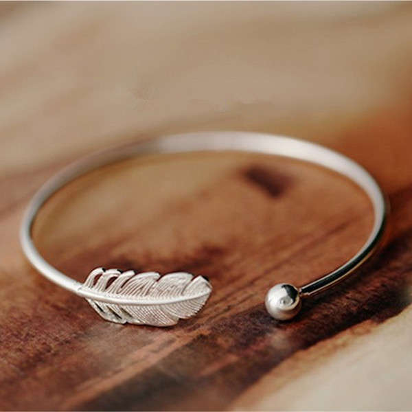 Elegant 925 Sterling Silver Cuff Bracelets Trendy Feather Adjustable Bracelet Jewelry for Women -
