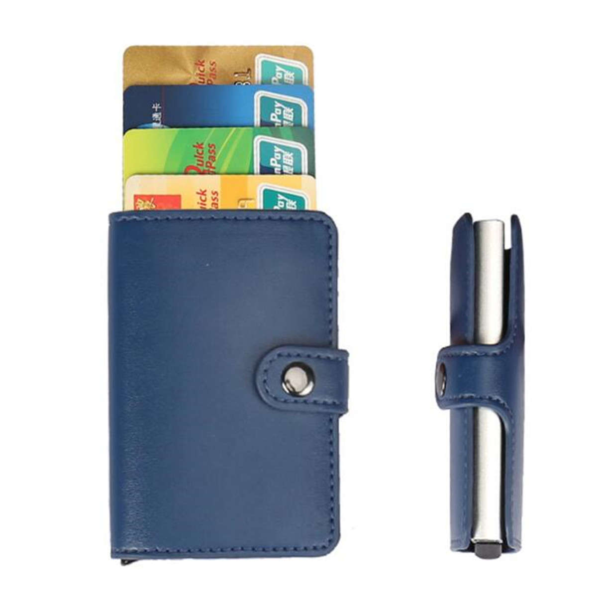 Men Women Aluminum Credit Card Case Protector Holder PU Leather Wallet Organizer (COLOR: BLUE)