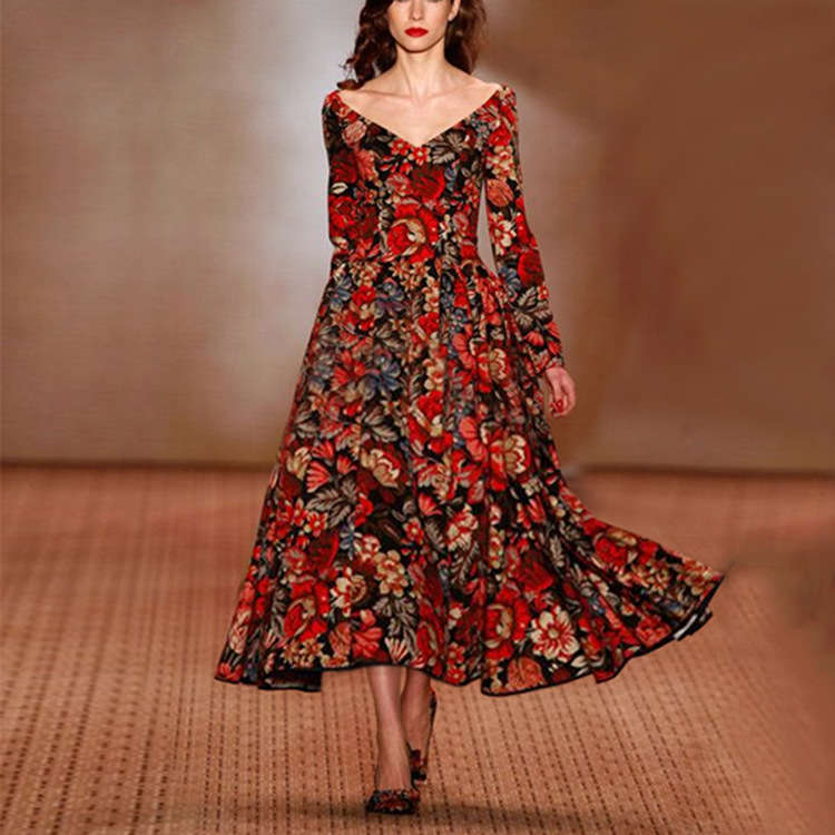 Women's dress loose temperament printing V-neck long dress