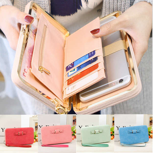 Women Candy Color Bowkot 5.5 Inch Phone Wallets Case Hasp for Iphone Samsung - Blue