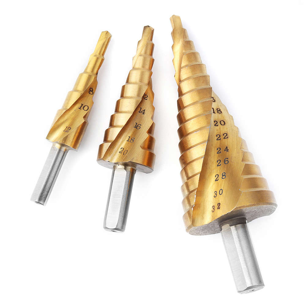 3pcs 4-12/4-20/4-32mm HSS Titanium Coated Step Drill Bit Triangle Shank Step Drill
