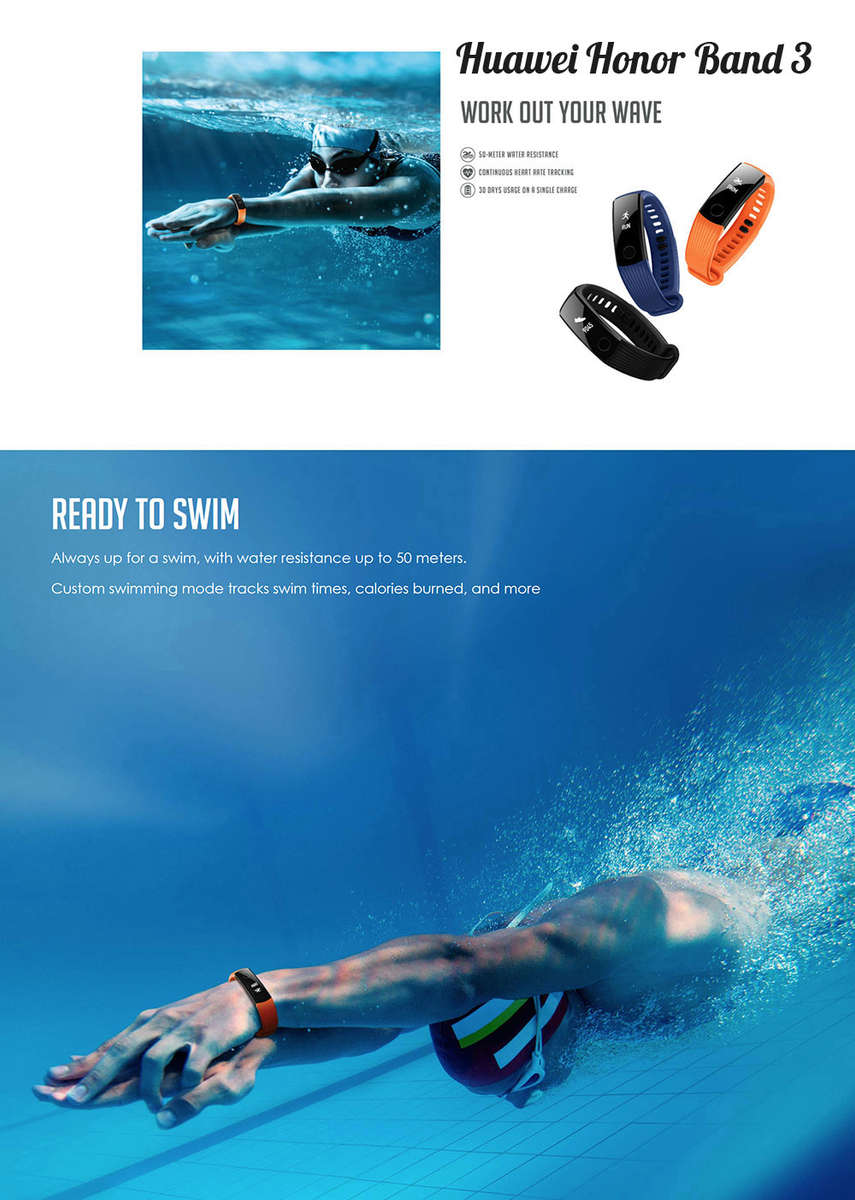 Huawei Honor Band 3 Real-time HR Monitor 5ATM Waterproof 30 Days Standby Fitness Smart Watch Band -