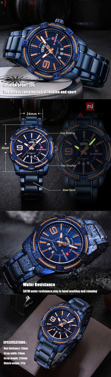 NAVIFORCE 9117 Waterproof Men Wrist Watch Calendar Full Steel Quartz Watches - 0.10kg