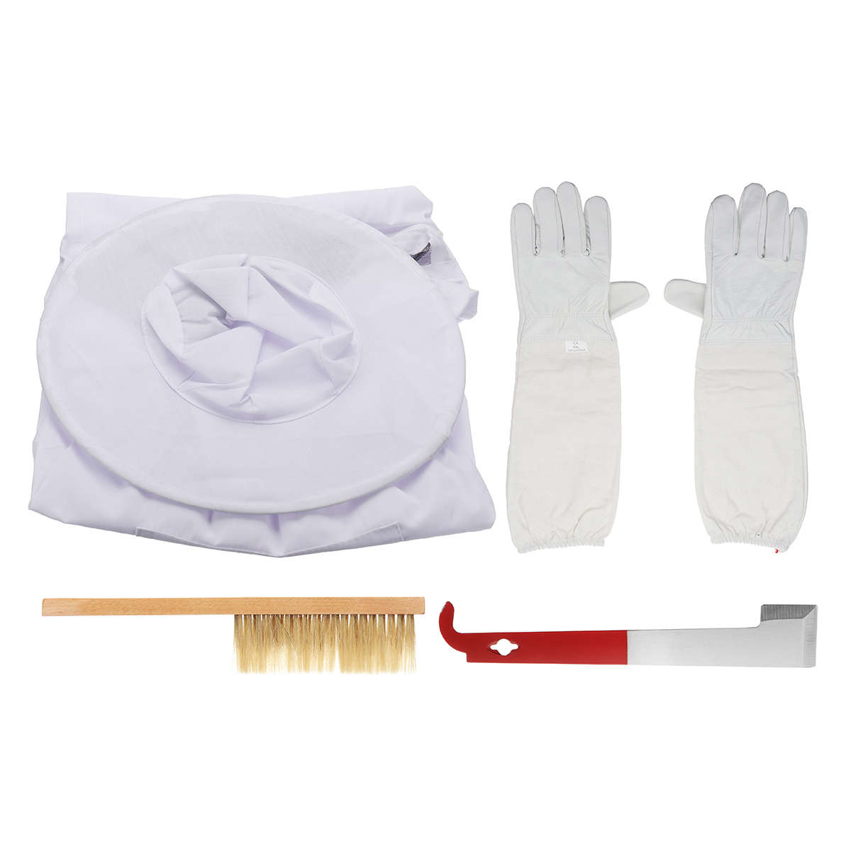 4Pcs Safe Bee-Proof BeeKeeping Veil Hat Suit Work Gloves Bee Hive Brush J Hook Tool
