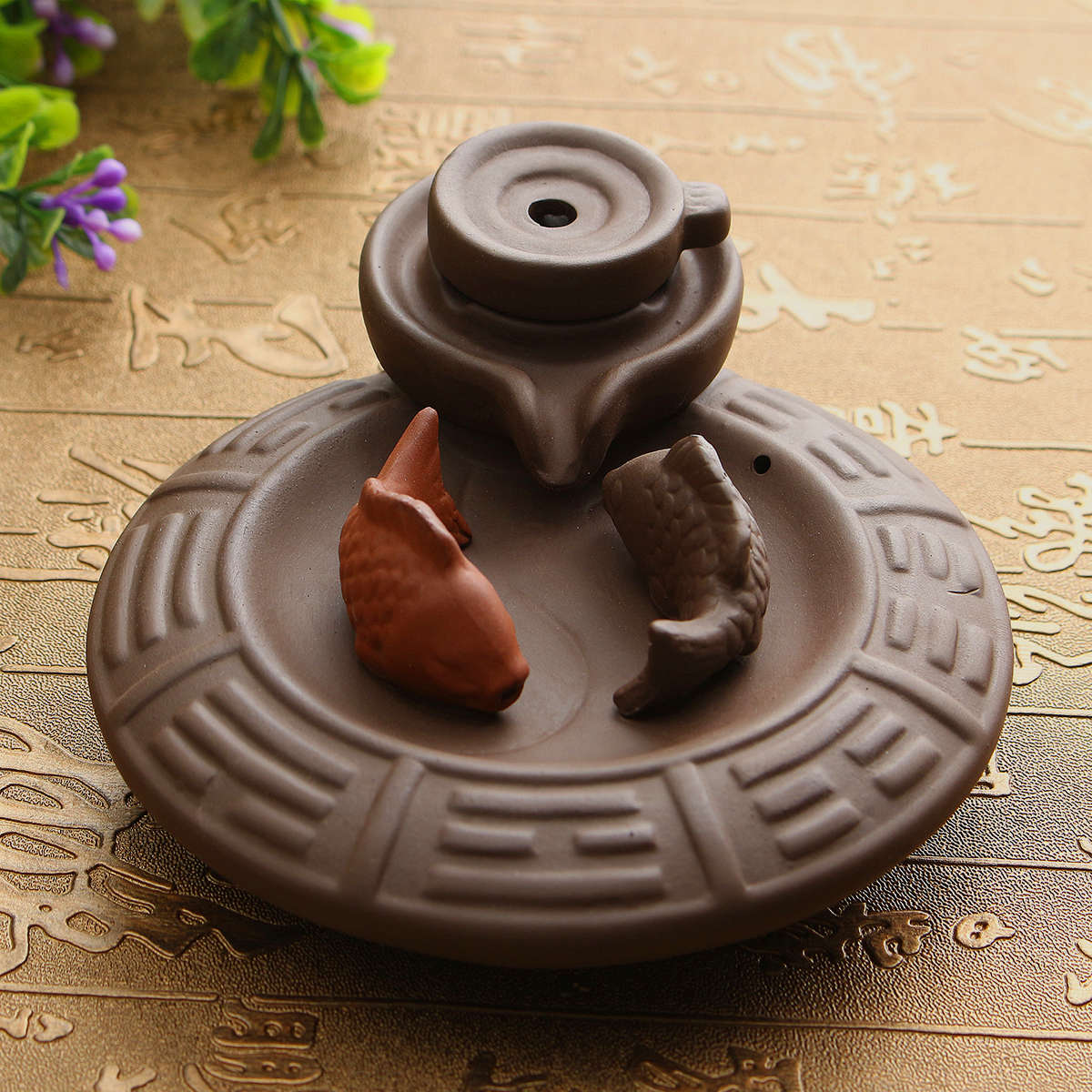Purple Clay Backflow Incense Cone Burner Stick Holder Water Pond 2 Fish Smoke Back Flow Home Decor