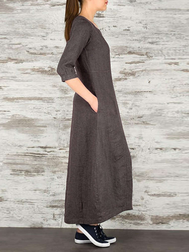 Plus Size Work Pure Color Crew Neck Three Quarter Sleeve Maxi Dress