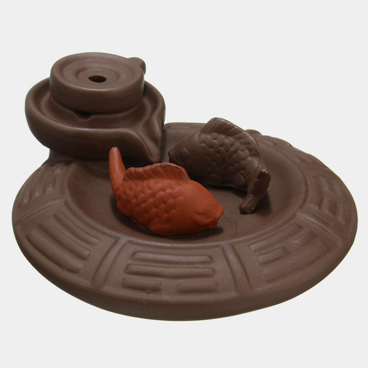 Purple Clay Backflow Incense Cone Burner Stick Holder Water Pond 2 Fish Smoke Back Flow Home Decor