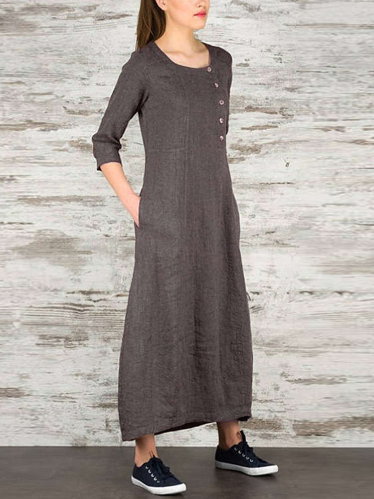Plus Size Work Pure Color Crew Neck Three Quarter Sleeve Maxi Dress