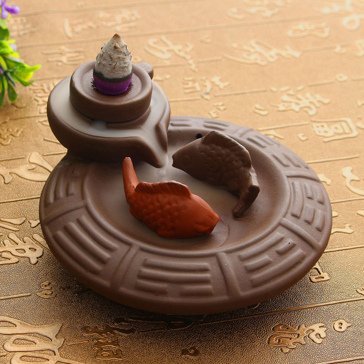 Purple Clay Backflow Incense Cone Burner Stick Holder Water Pond 2 Fish Smoke Back Flow Home Decor