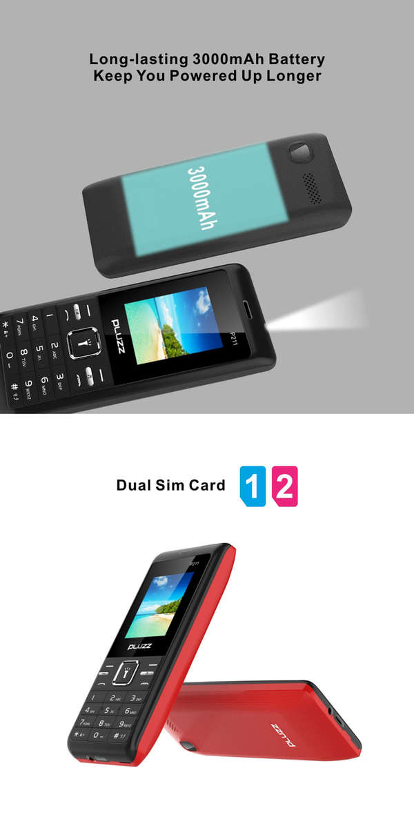 PLUZZ P211 1.77'' 3000mAh FM Radio Flashlight Big Speaker Dual SIM Card Long Standby Feature Phone