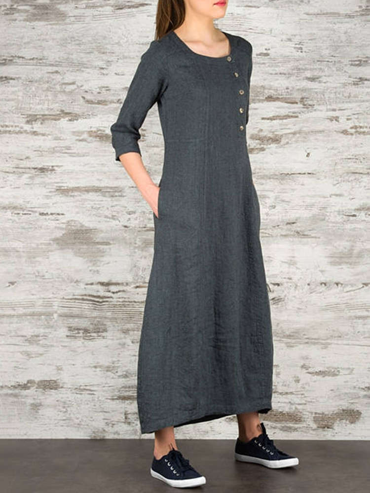 Plus Size Work Pure Color Crew Neck Three Quarter Sleeve Maxi Dress