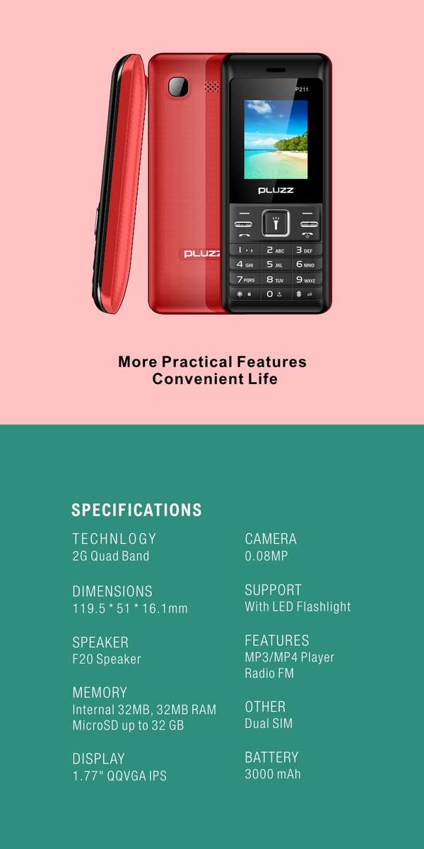PLUZZ P211 1.77'' 3000mAh FM Radio Flashlight Big Speaker Dual SIM Card Long Standby Feature Phone