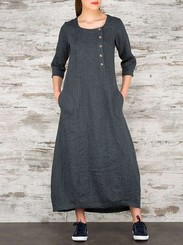 Plus Size Work Pure Color Crew Neck Three Quarter Sleeve Maxi Dress