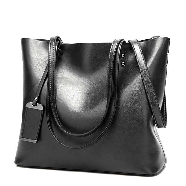 Women Oil Leather Tote Handbags Vintage Shoulder Bags (COLOR: BLACK)