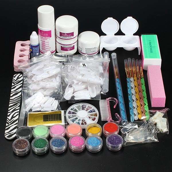 Pro Glitter Acrylic Powder Brush Tweezer Primer Nail Art Tips Kit Set