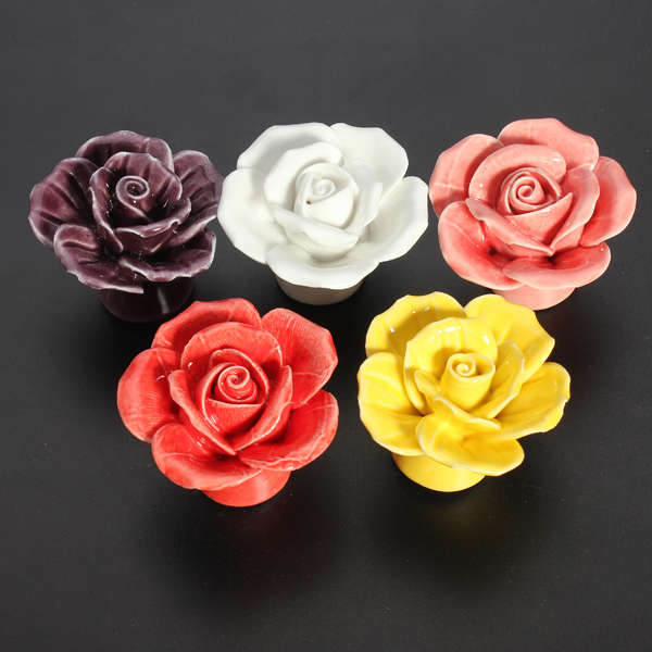 Ceramic Rose Flower Door Knobs Pull Handle (COLOR: PINK)