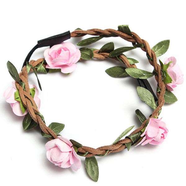 Boho Garland Weave Wreaths Wedding Beach Floral Elastic Hair Band (COLOR: LIGHTPINK)