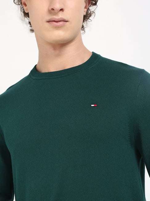 Tommy Hilfiger Men Green Cotton Regular Fit Crew Neck Sweater