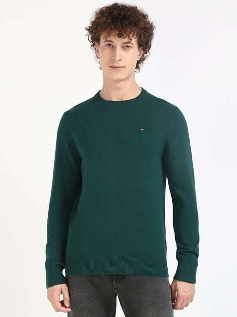 Tommy Hilfiger Men Green Cotton Regular Fit Crew Neck Sweater