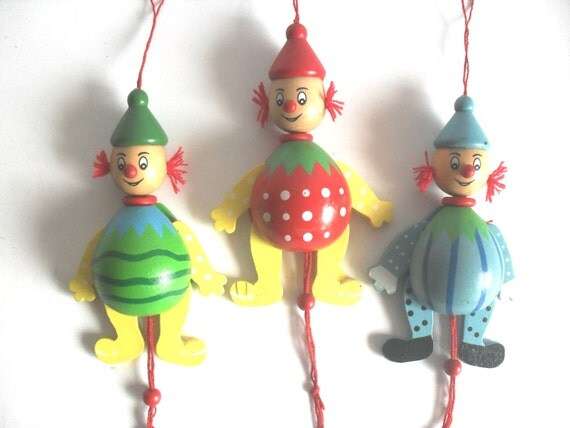 Vintage wooden toys - moving clowns, set of 3