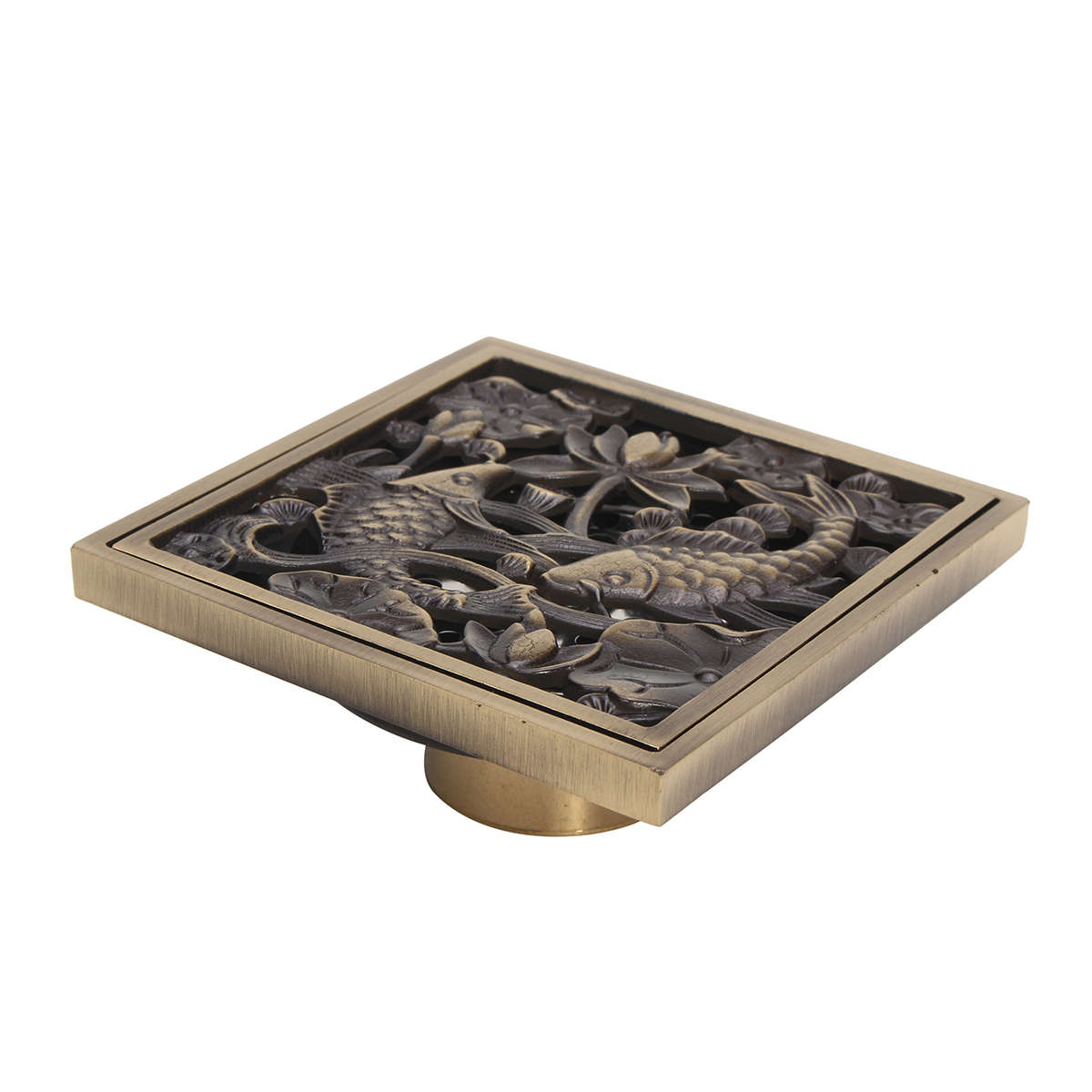 Antique Brass Bathroom Floor Drain Square Shower Waste Water Strainer Fishes Art