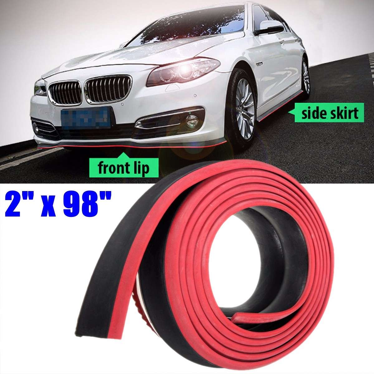 98x2inch  Black Red Car Front Bumper Protector Rubber Auto Lip Body Spoiler Decoration