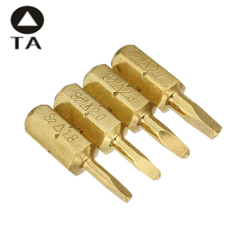 Broppe 4pcs 25mm 1.8-2.7mm Triangle Shaped Screwdriver Bits 1/4 Inch Hex Shank Electroplating Bronze