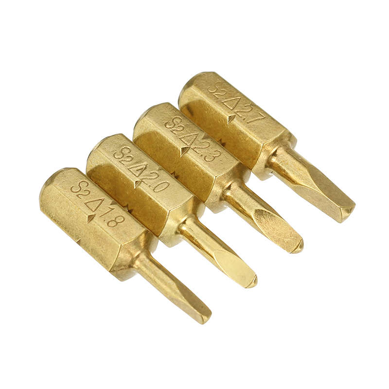 Broppe 4pcs 25mm 1.8-2.7mm Triangle Shaped Screwdriver Bits 1/4 Inch Hex Shank Electroplating Bronze