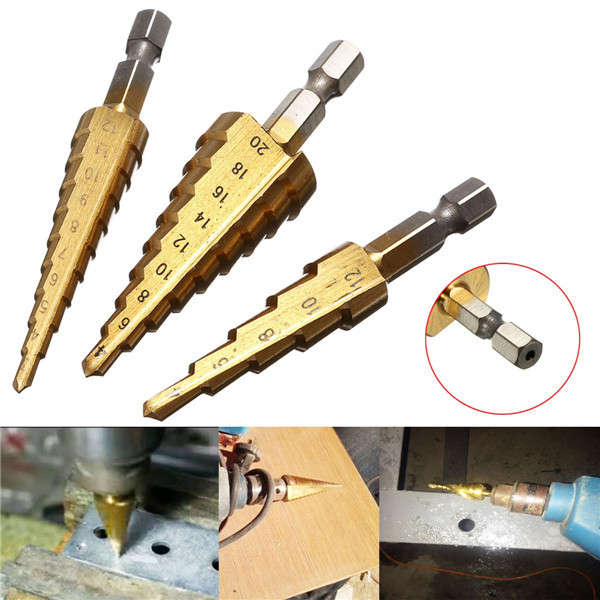 Doersupp 3Pcs 3-12m/4-12mm/4-20mm Step Drill Bits Titanium Coated Step Drill Bits Set