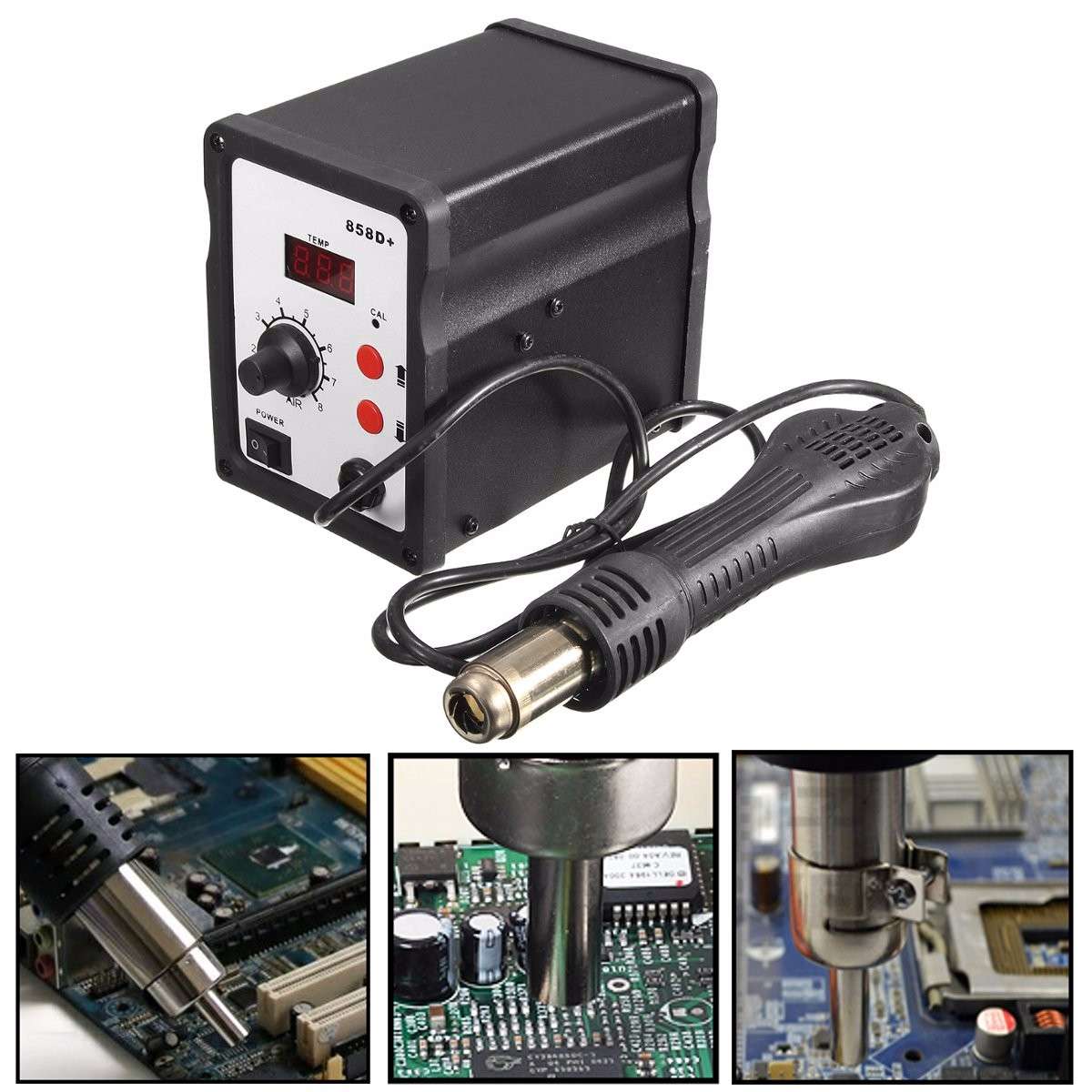 858D+ 220V Hot Air Soldering Rework Station + Handle + Handle Stand+3 Nozzles