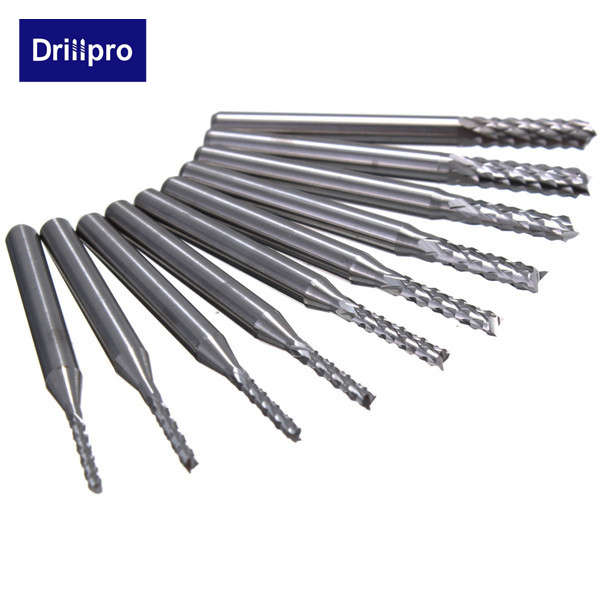 Drillpro DB-M3 10pcs 1.3mm-3.175mm Carbide End Mill Engraving Bits for CNC PCB Rotary Burrs
