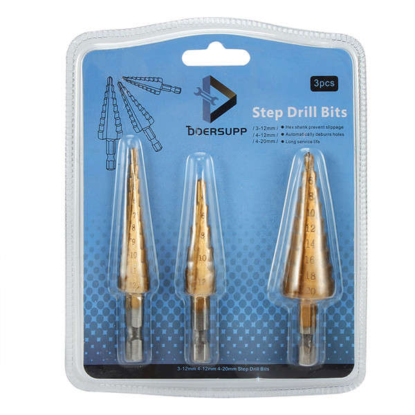 Doersupp 3Pcs 3-12m/4-12mm/4-20mm Step Drill Bits Titanium Coated Step Drill Bits Set