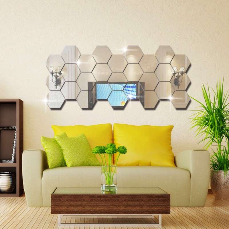 Honana DX-Y5 12Pcs Cute Silver DIY Hexagon Mirror Wall Stickers Home Wall Bedroom Office Decor