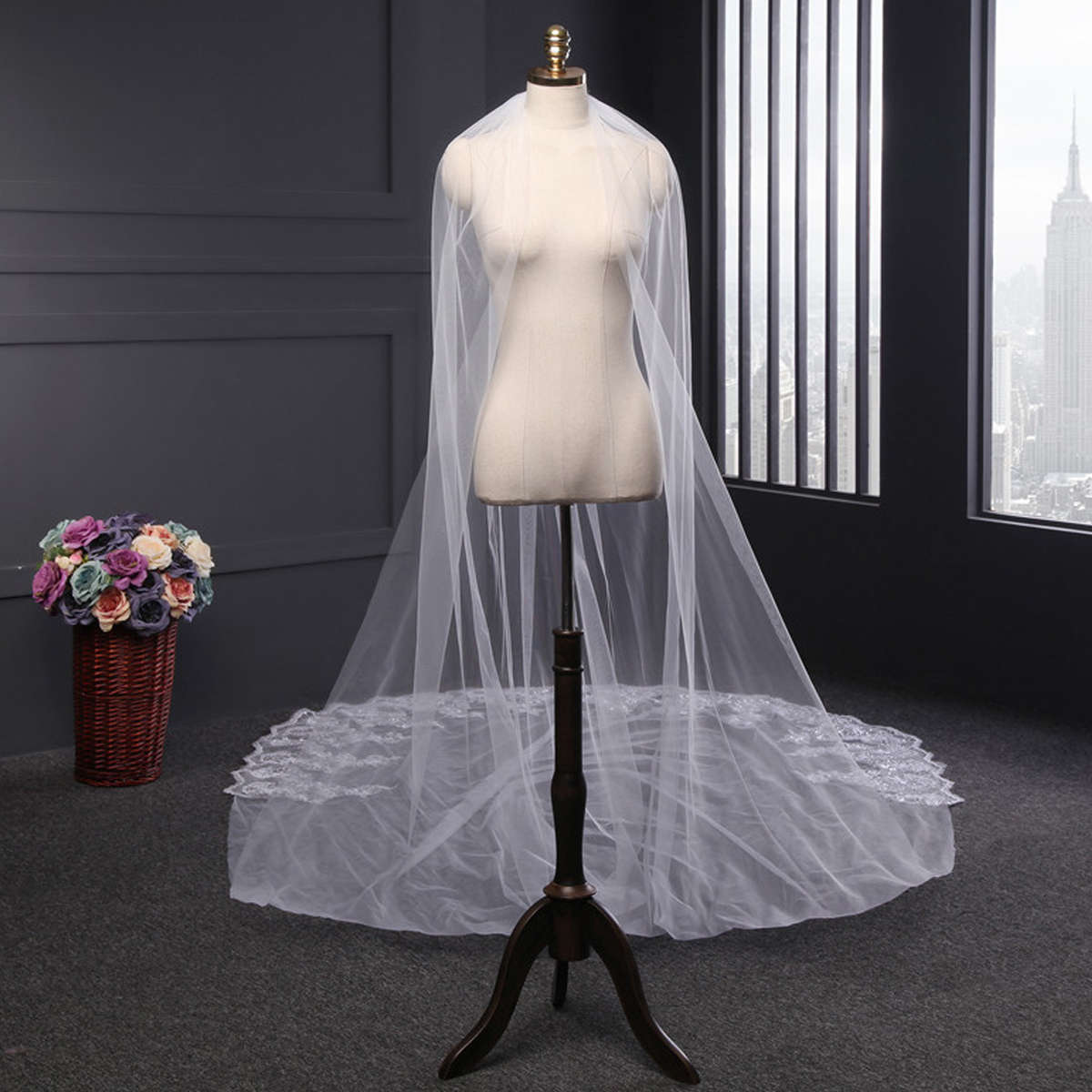 4 Meters White Ivory Wedding Veils Long Lace Edge Bridal Veil