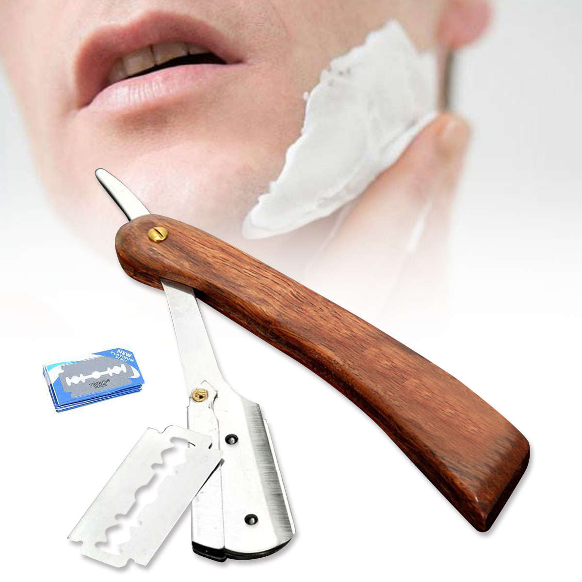 Rosewood Handle Straight Edge Barber Razor Folding Shaving Knife with 10 Blades