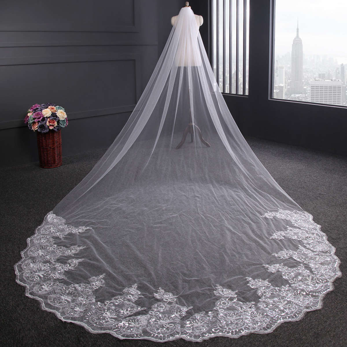 4 Meters White Ivory Wedding Veils Long Lace Edge Bridal Veil
