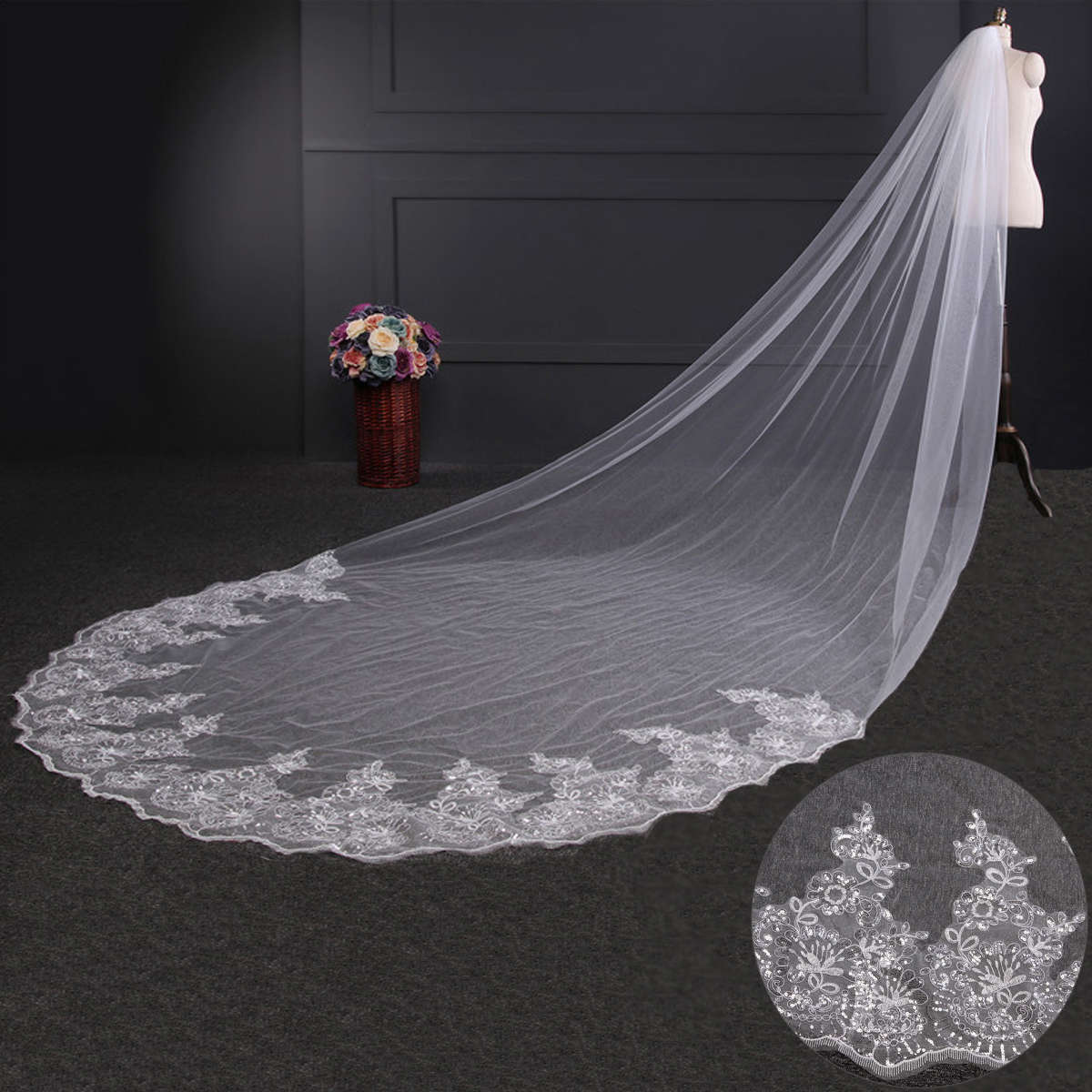 4 Meters White Ivory Wedding Veils Long Lace Edge Bridal Veil