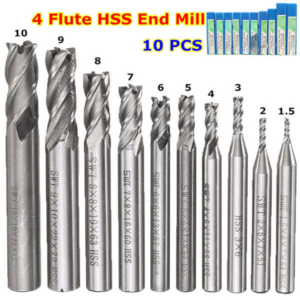 10pcs HSS 4 Flute CNC End Mill Cutter 1.5-10mm Straight Shank End Mill Cutter
