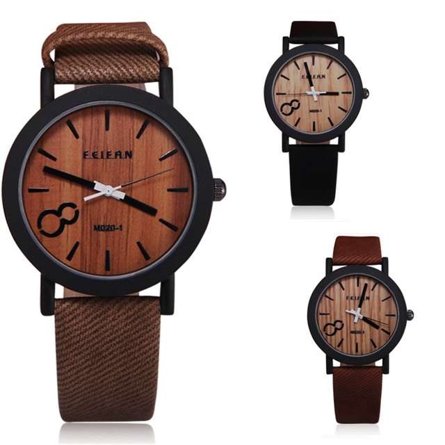 Casual Simulation Wood Grain Color Dial PU Leather Band Analog Quartz Men Watch